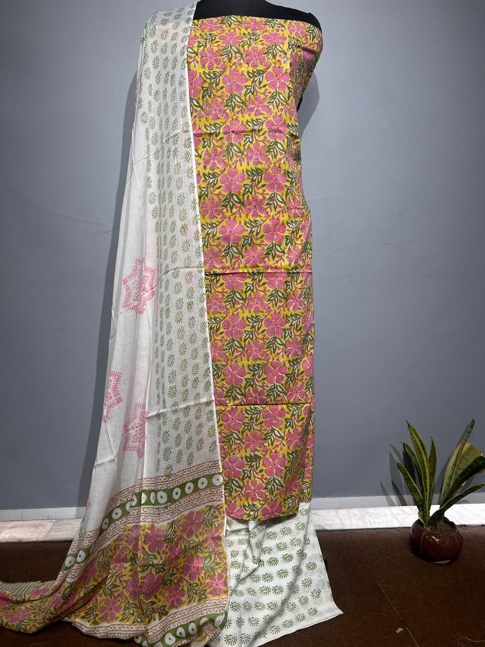 Pure Cotton Hand Block Print Unstitched Suit With Cotton Dupatta