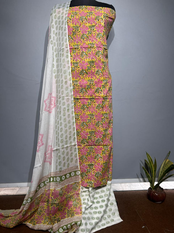 Pure Cotton Hand Block Print Unstitched Suit With Cotton Dupatta