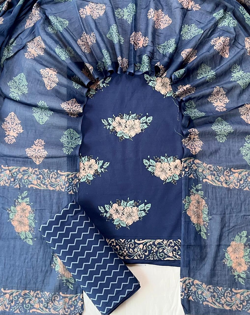 Pure Cotton Hand Block Print Unstitched Suit With Cotton Dupatta
