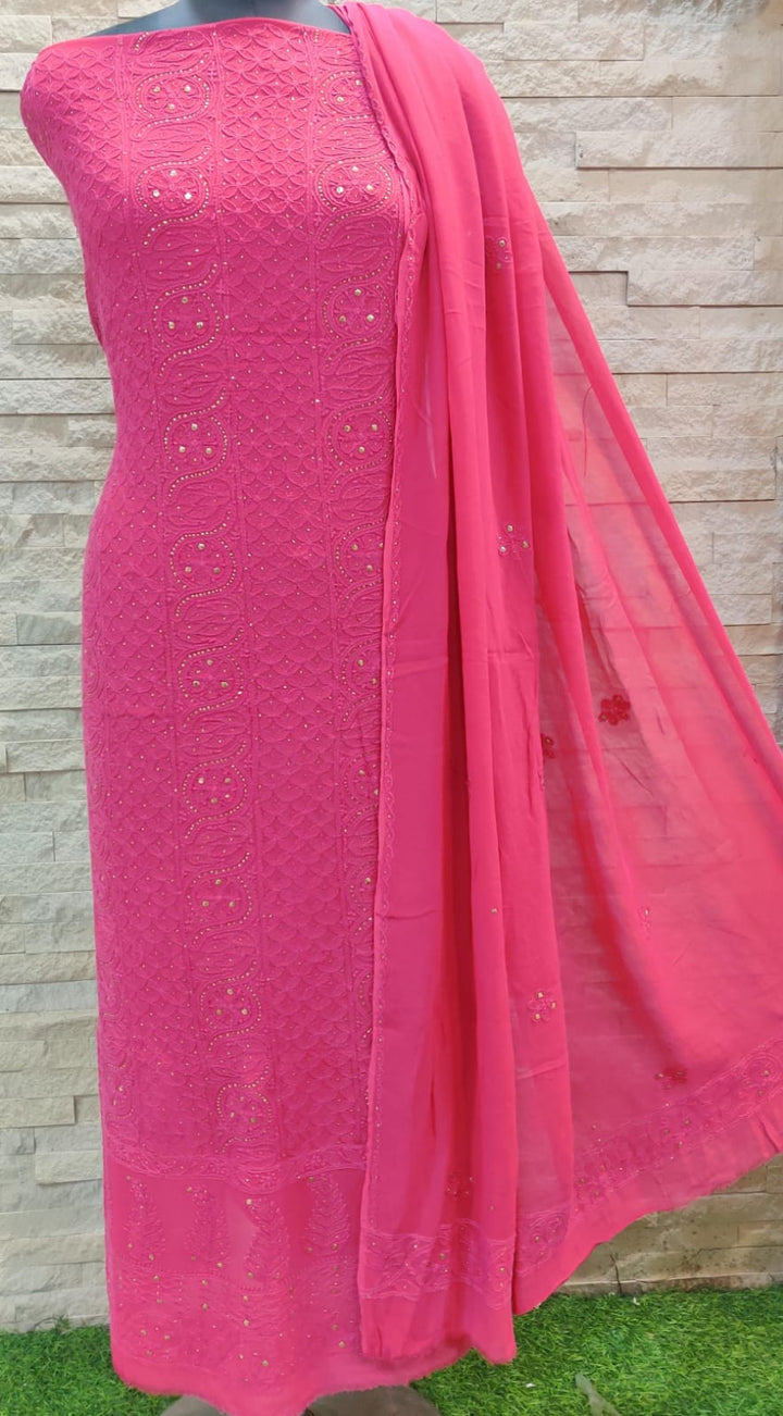 Pure Viscose Georgette Chikankari Hand Embroidery And Mukesh Work Unstitched Suit.