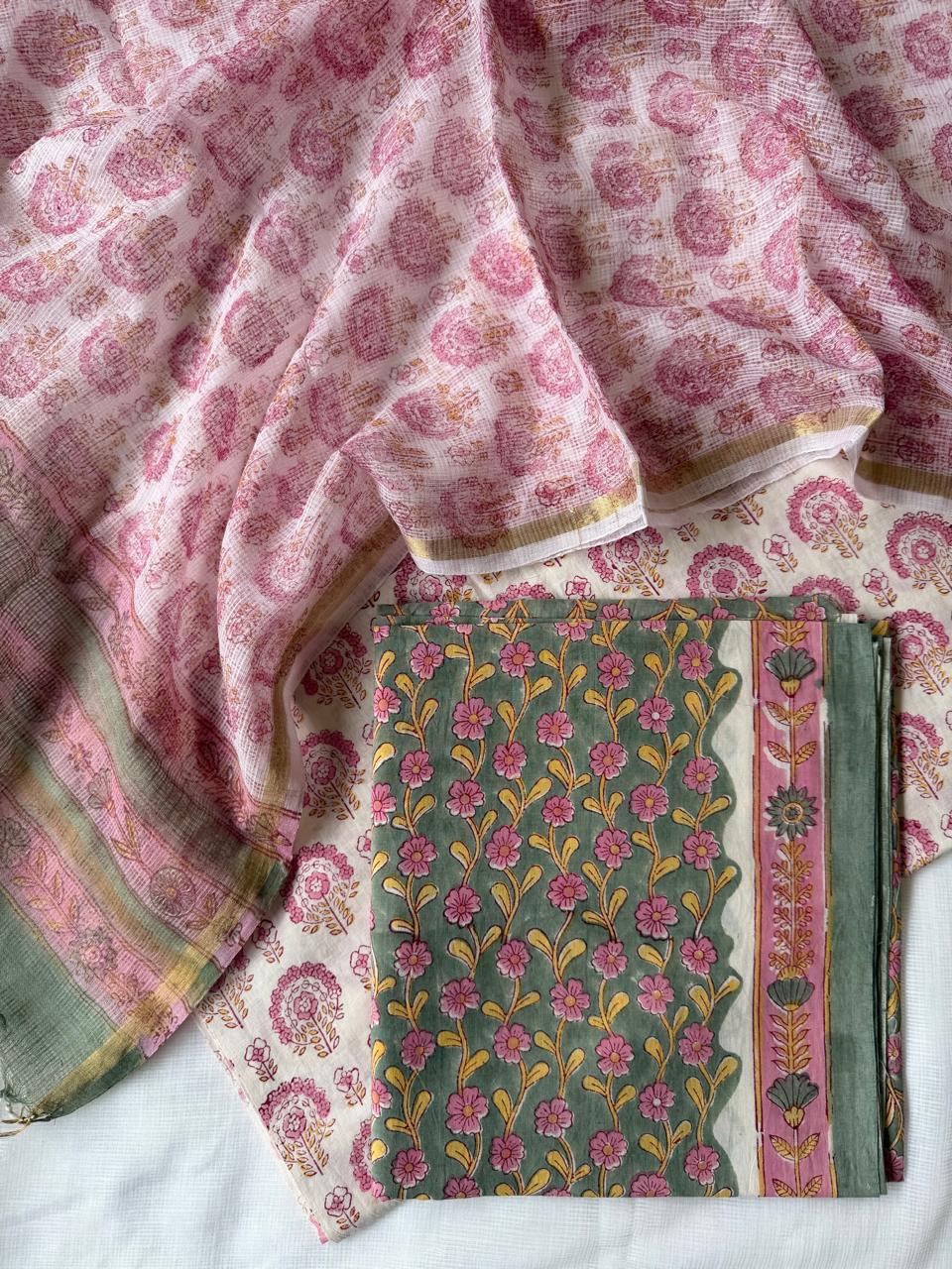 Pure Cotton Hand block print Unstitched Suit with Kota Dupatta