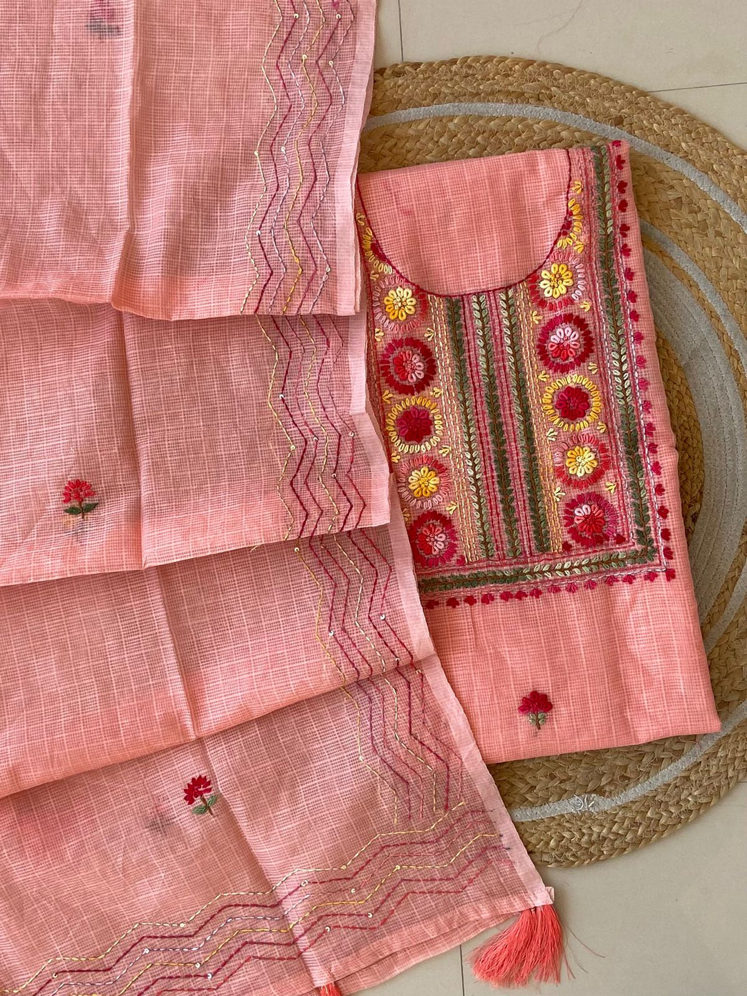 Pure Kota Doriya Silk Kurta And Dupatta With Neck Hand Work Emobroidery Unstitched Suit