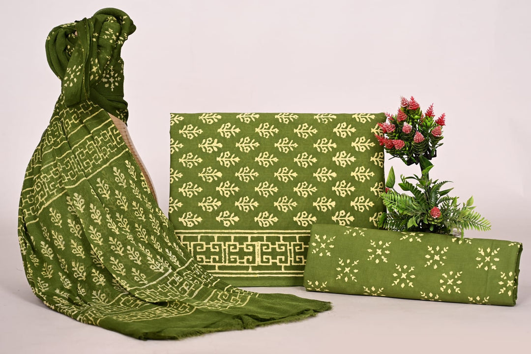 Pure Cotton Hand Block Print Unstitched Suit With Chiffon Dupatta
