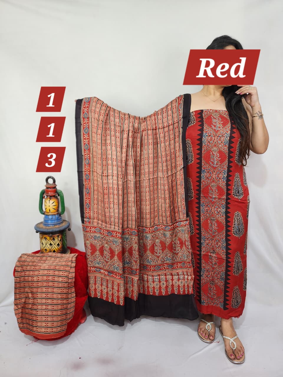 Pure modal silk ajrakh natural 3pc Unstitched  suit