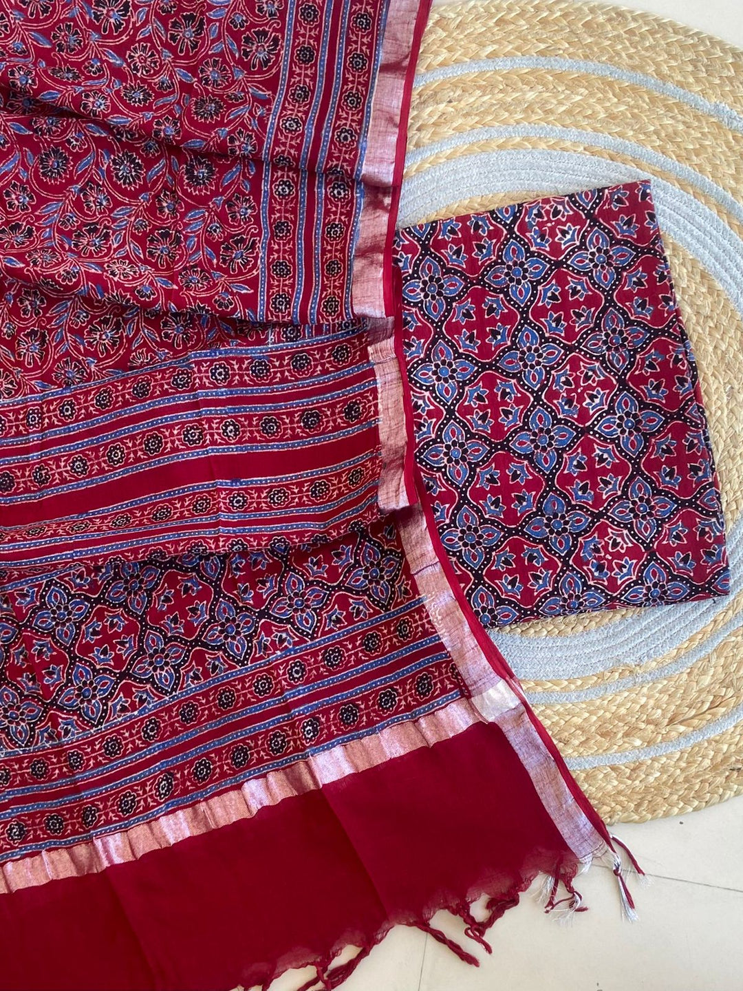 Exclusive Azrakh Hand block Pure Cotton Linen 2-Piece Unstitched Suit  With Dupatta