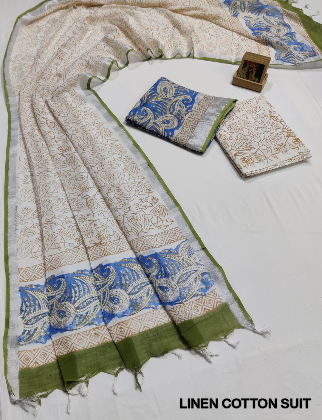 Hand Block Printed Linen Unstitched Suit .