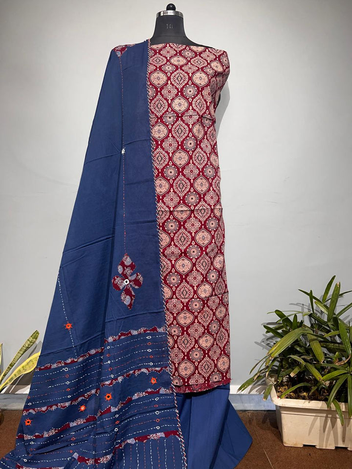 Pure Cotton Azrakh Print Unstitched suit With katha work Dupatta