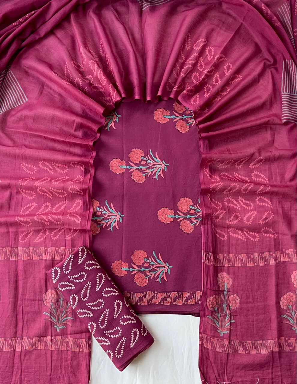 Pure Cotton Hand Block Print Unstitched Suit With Cotton Dupatta