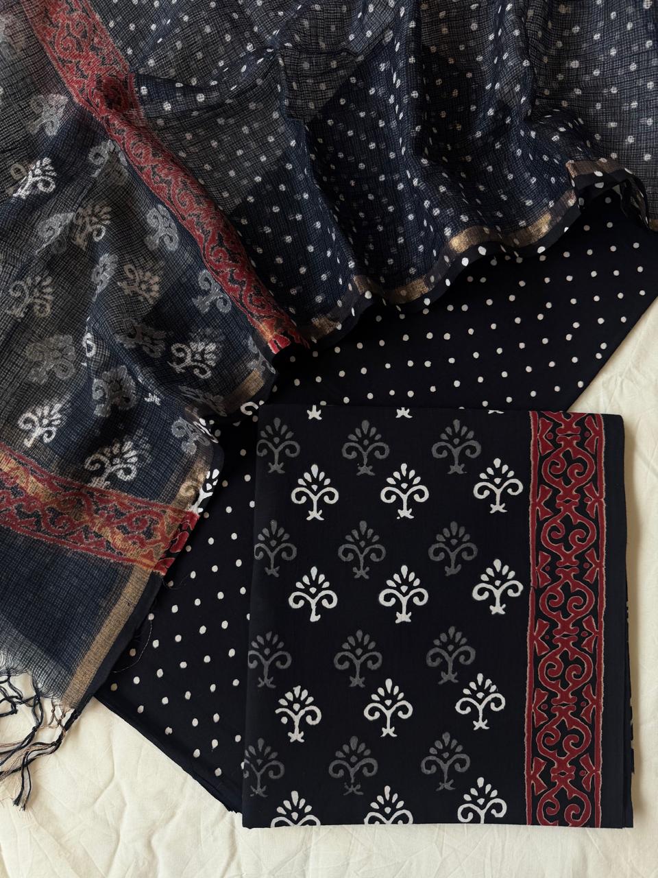 Pure Cotton Hand block print Unstitched Suit with Kota Dupatta