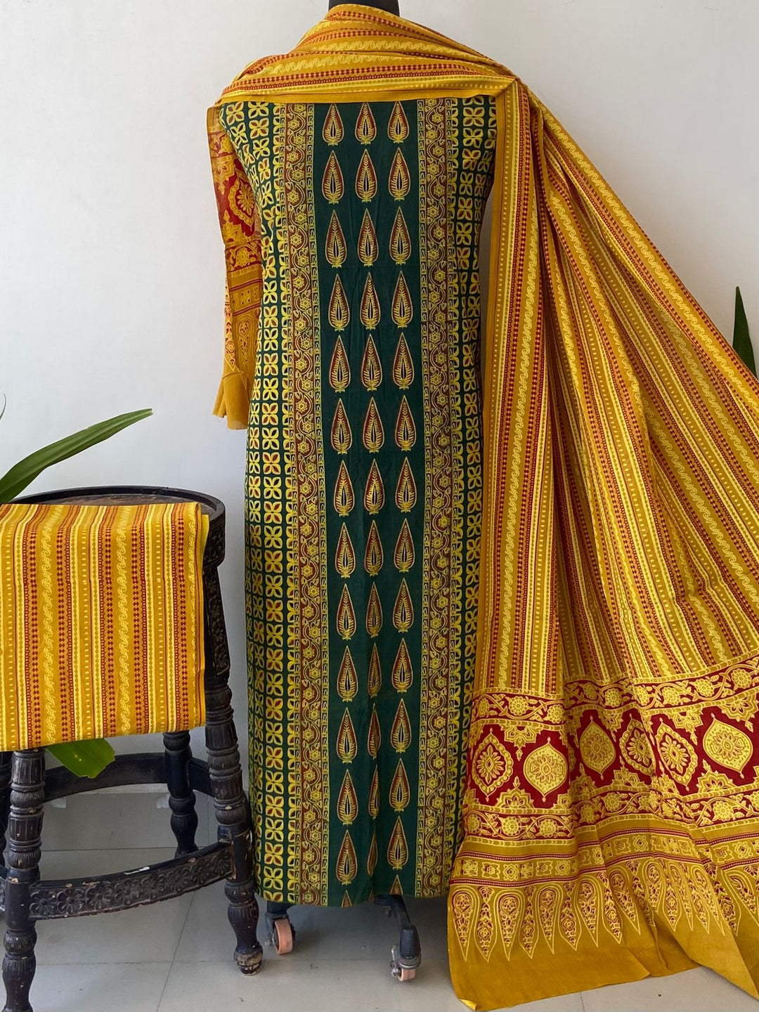 Pure Cotton Azrakh Print Unstitched Suit With  cotton Duppatta