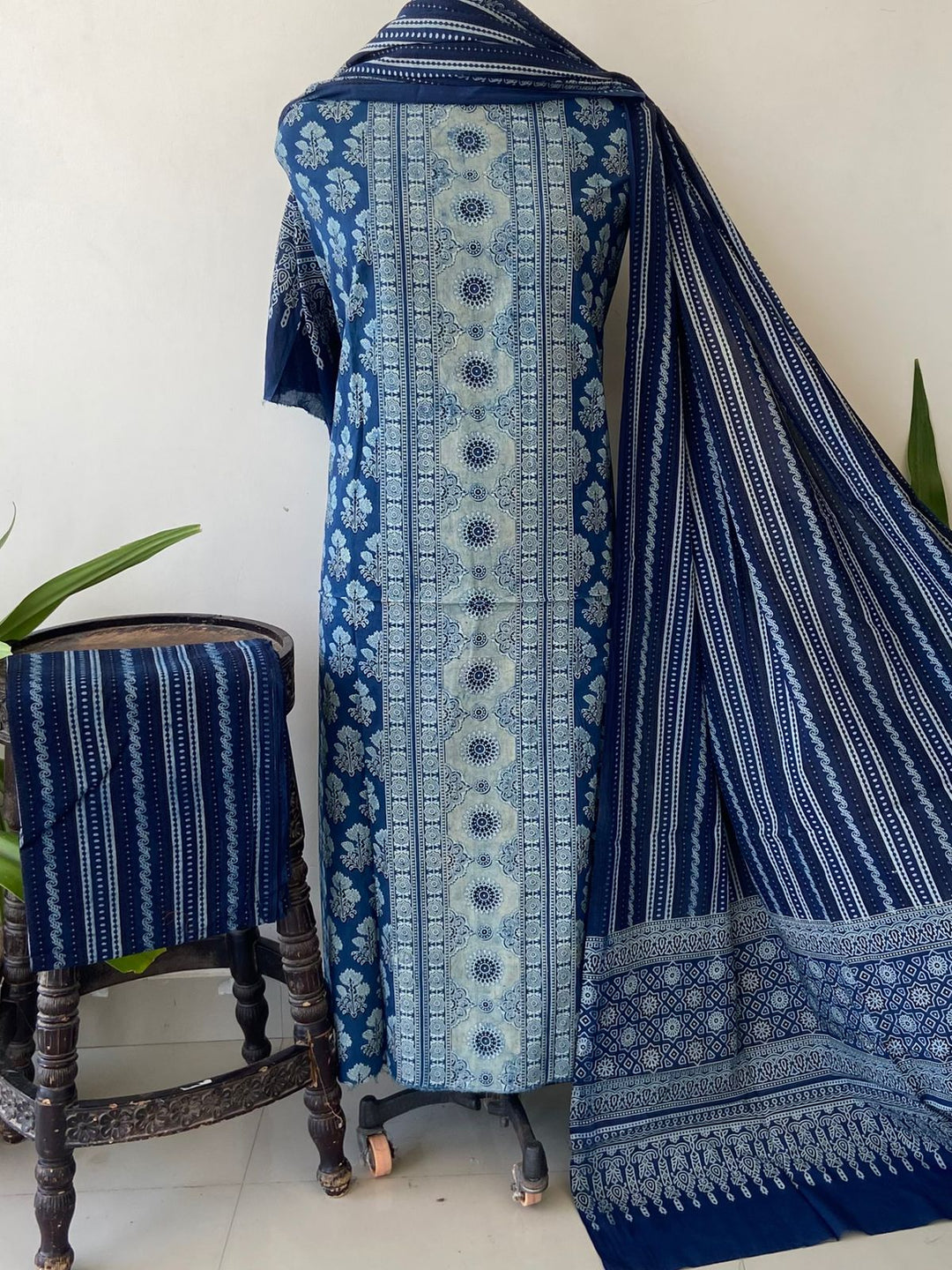 Pure Cotton Azrakh Print Unstitched Suit With  cotton Duppatta