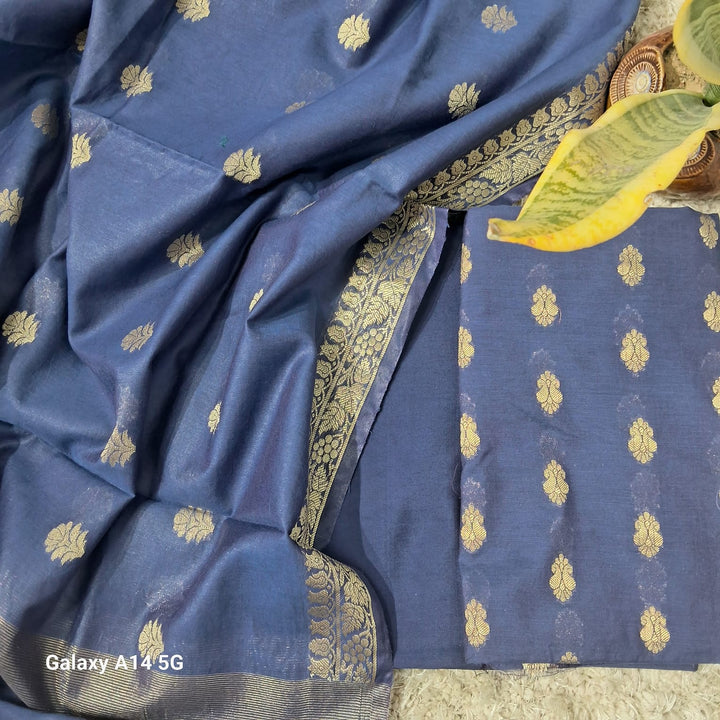 Pure Banarasi chanderi silk zari wark unstiched suit.