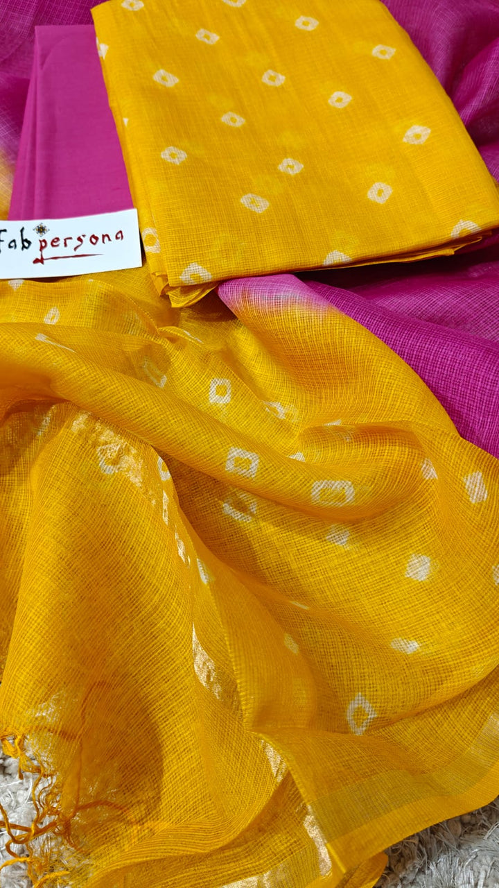 Yellow Color Kota silk Bandhej Pattern Unstitched Suit