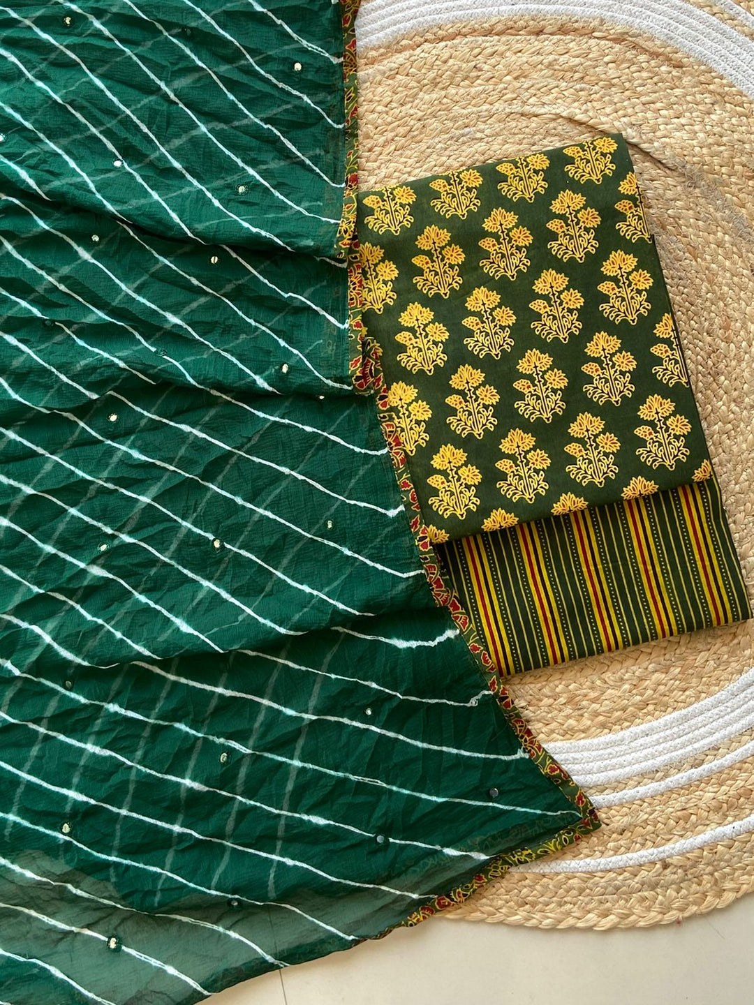 Pure Cotton Azrakh Print Unstitched suit With Chiffon Bandhani & lehriya dupatta.
