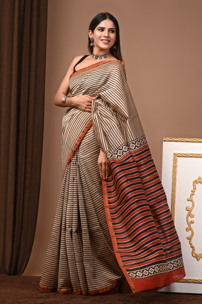 Hand Block Print Pure Chanderi Saree With Blouse .