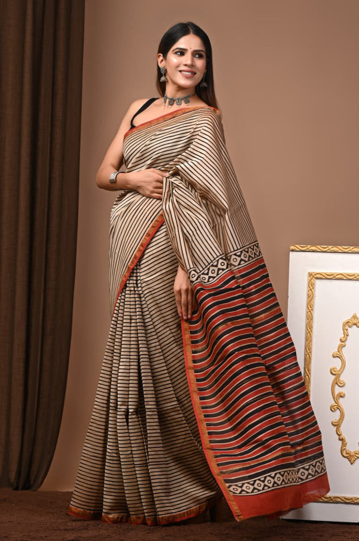 Hand Block Print Pure Chanderi Saree With Blouse .