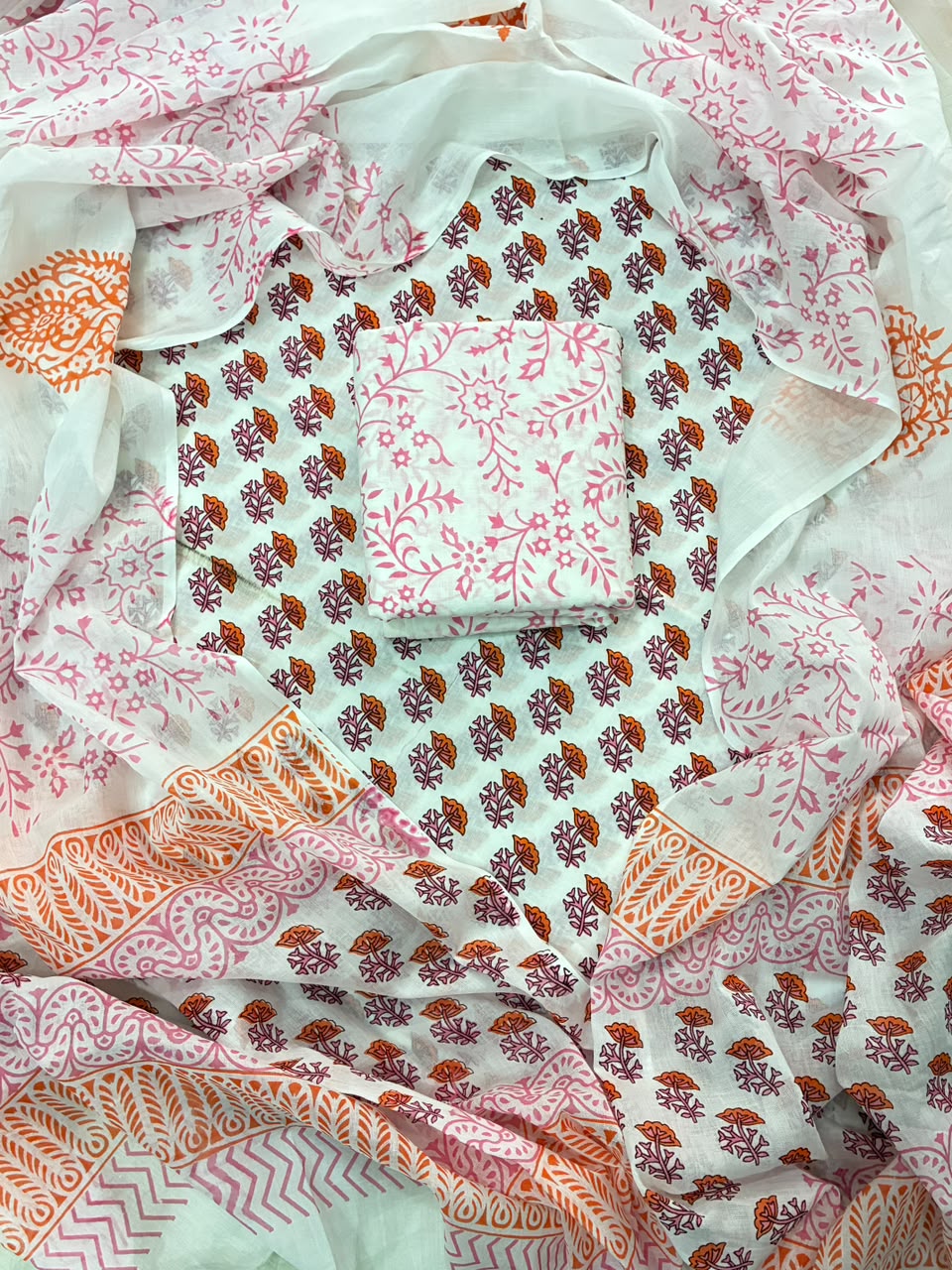 Pure Cotton Hand Block Print Unstitched Suit With Cotton Dupatta