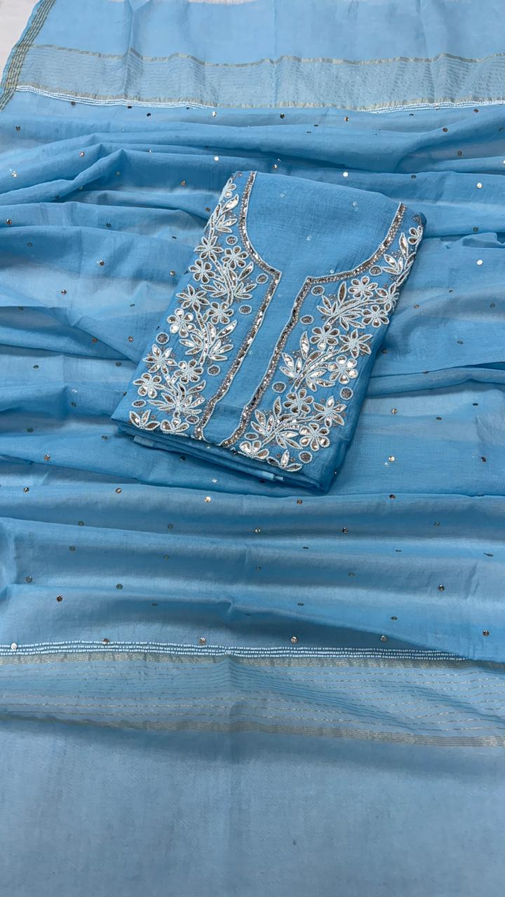 Pure Mul- Mul Chanderi Chakiankari Work Unstitched Suit with Cutdana work .