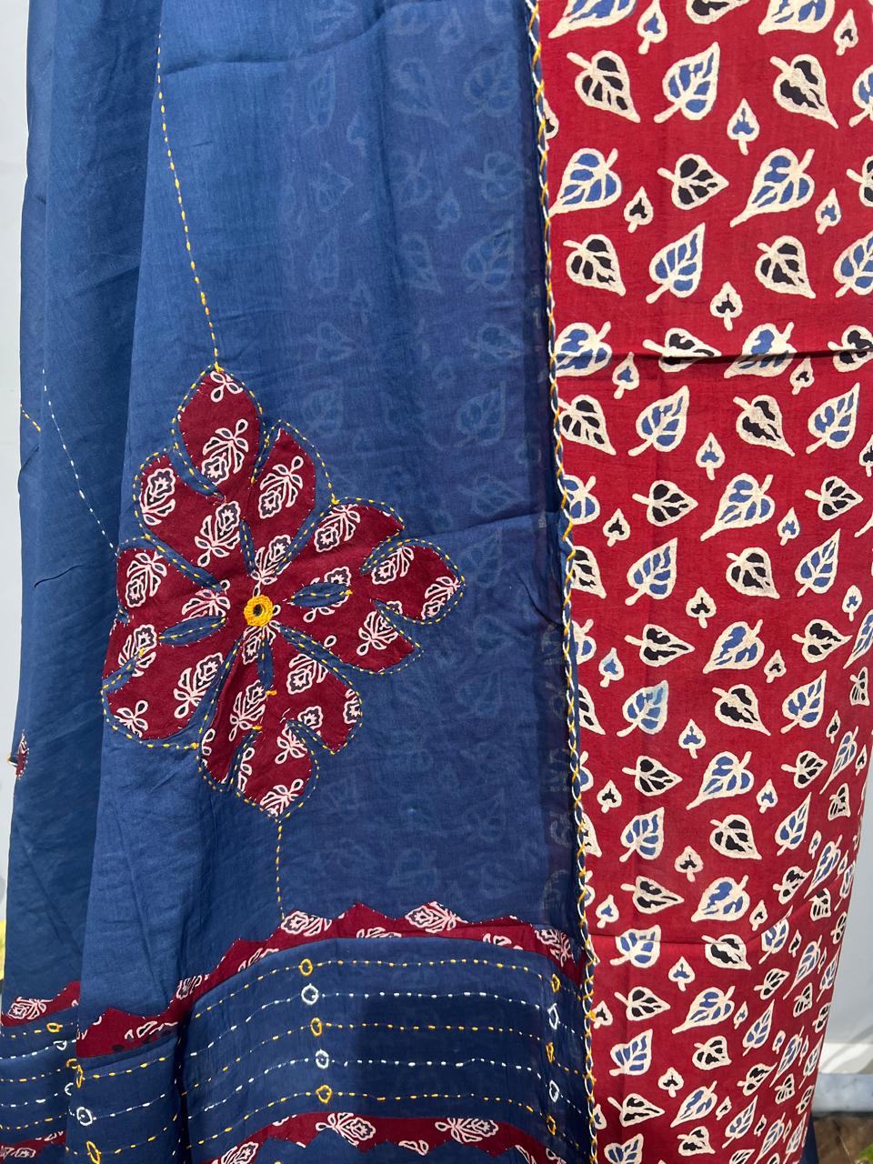 Pure Cotton Azrakh Print Unstitched suit With katha work Dupatta