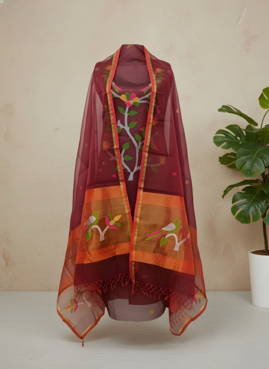 Pure Maslin Silk 2PC Jamdani Unstitched Suit .