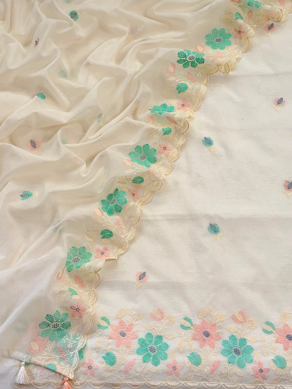 Pure Banarasi Chanderi Silk Embroidery Unstitched Suit With Chanderi Embroidery Dupatta.