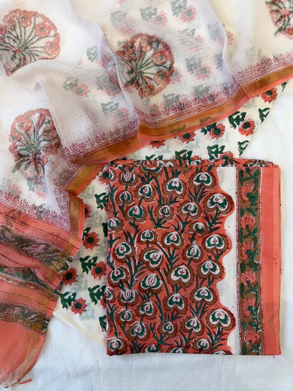 Pure Cotton Hand block print Unstitched Suit with Kota Dupatta