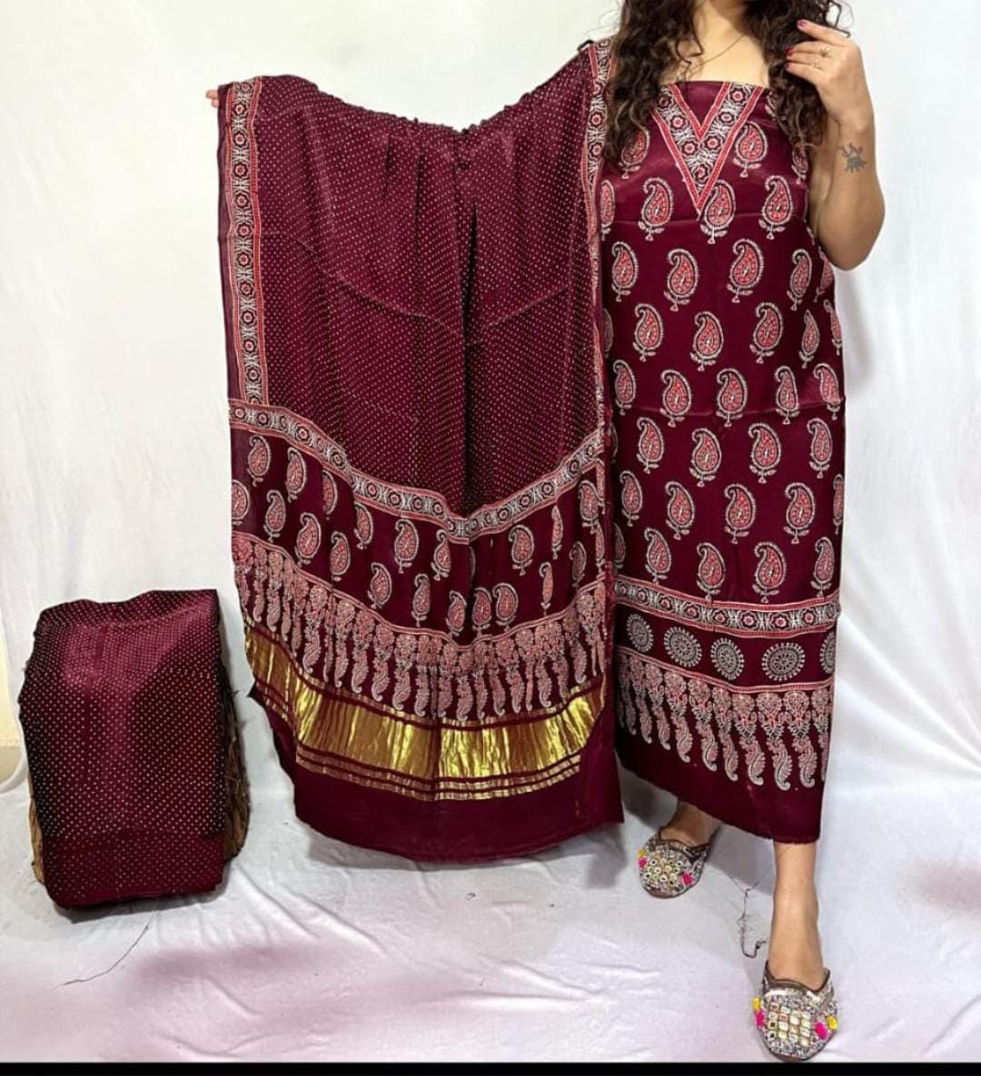 Pure Modal Silk Ajrakh Hend Block Zari Pallu Weaved 3pc Unstitched Suit .