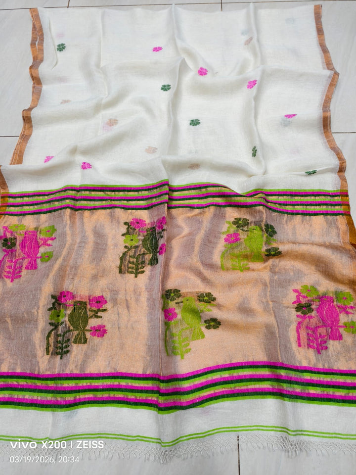 Pure Handloom Linen Jamdani Saree With Boluse.