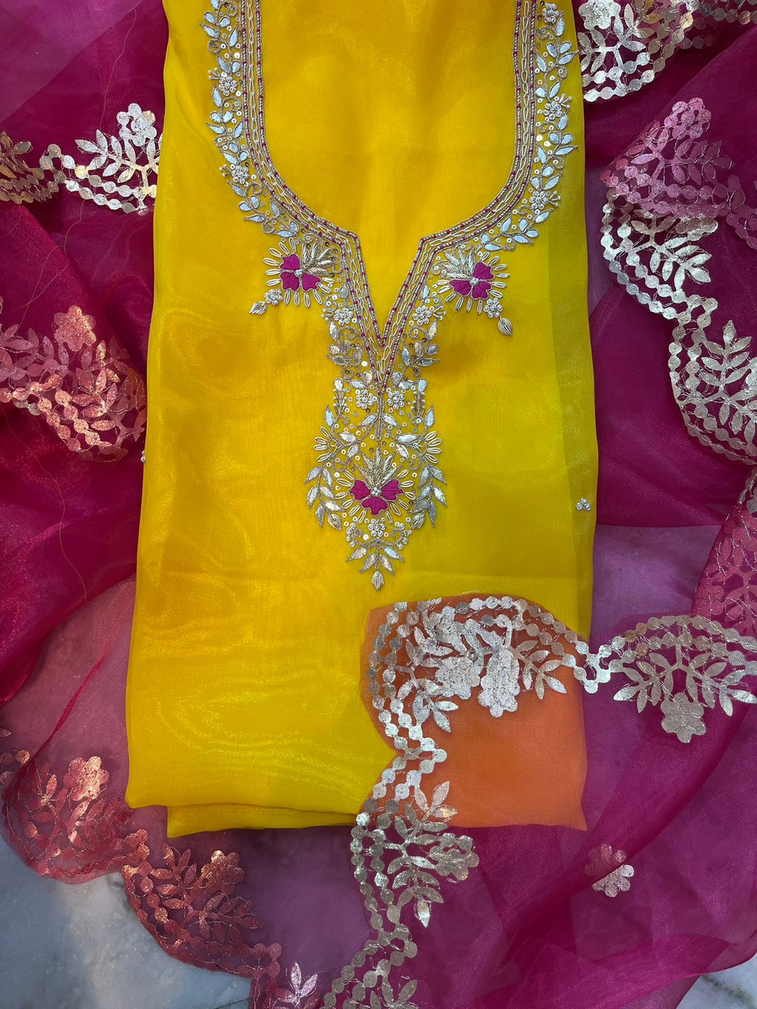 Organza Hand Zardosi work unstitched kurta with Organza Gotta patti Work Dupatta.