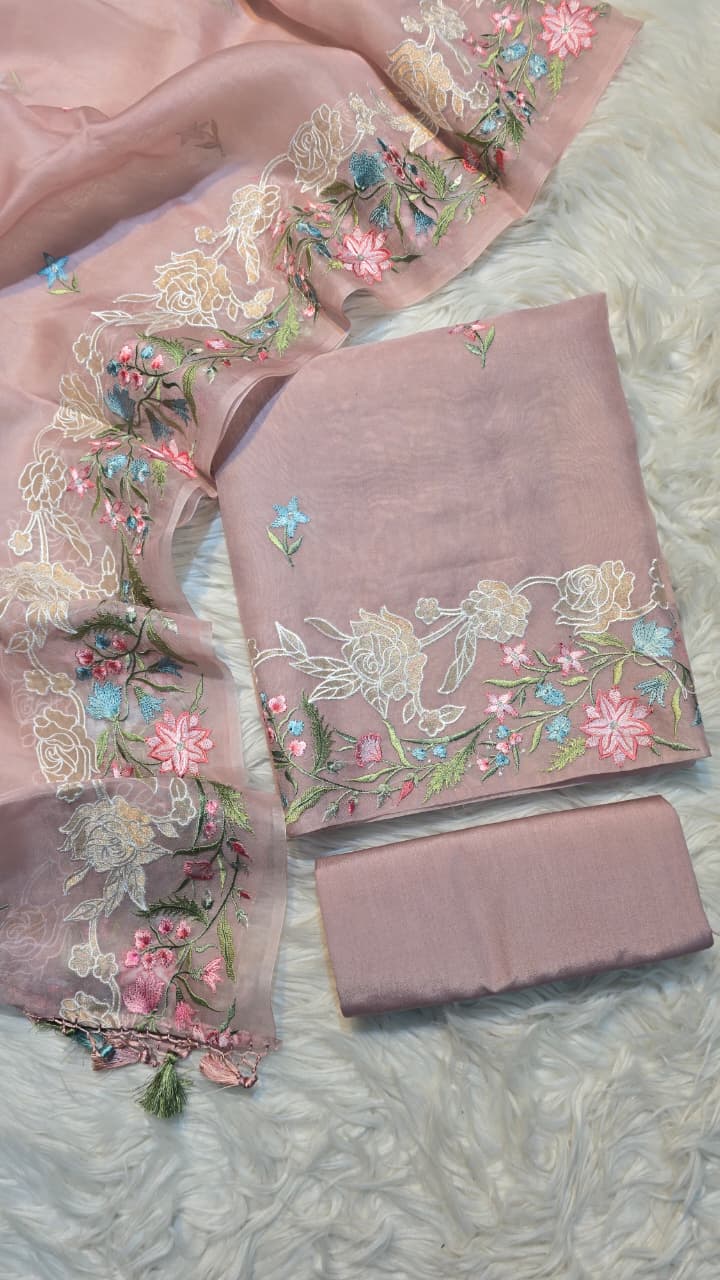 Pure Banarasi Organza Silk Applique Work Unstitched Suit.