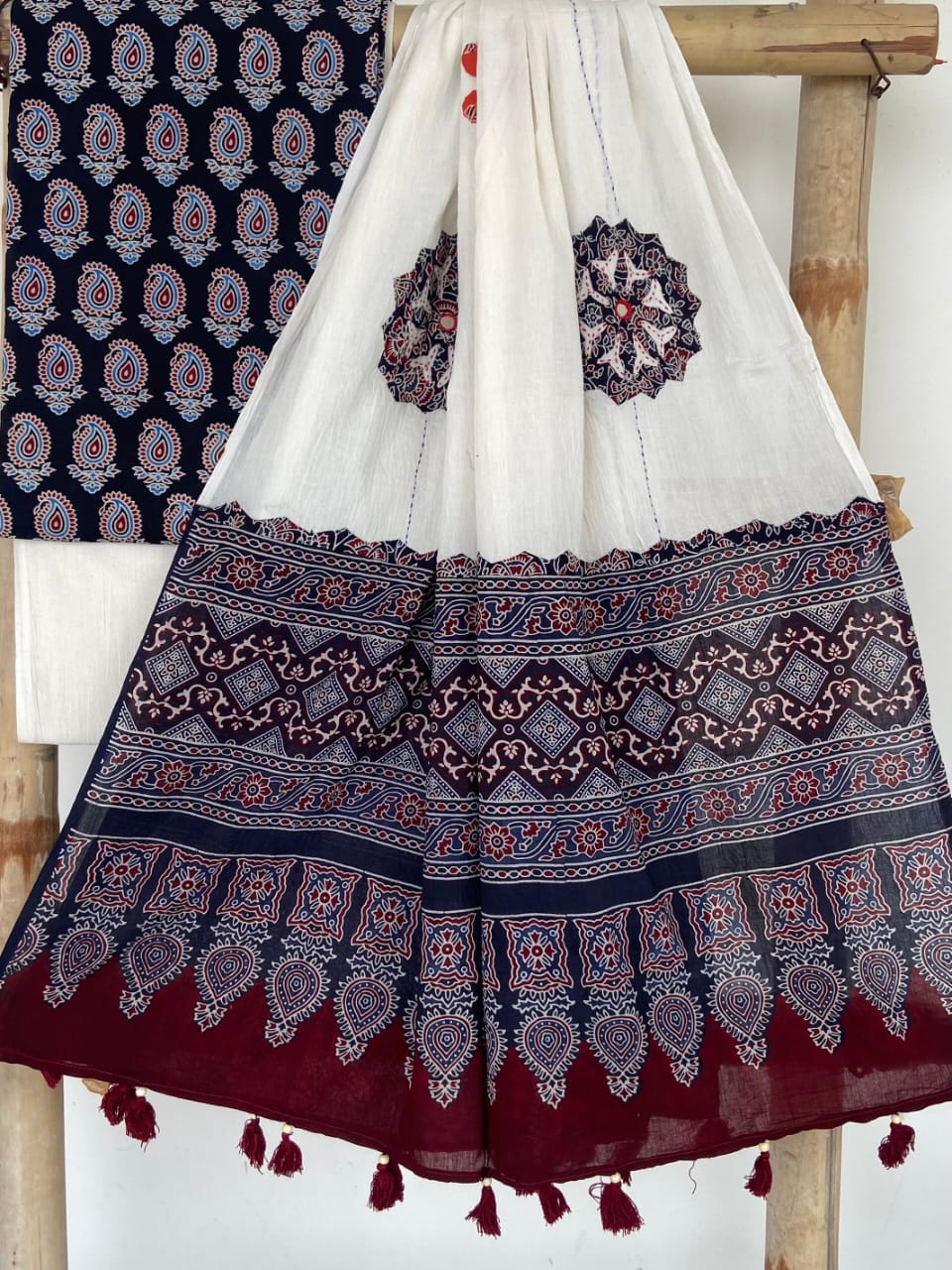 Pure Cotton Azrakh Print Unstitched suit Whit Patch Work Dupatta .