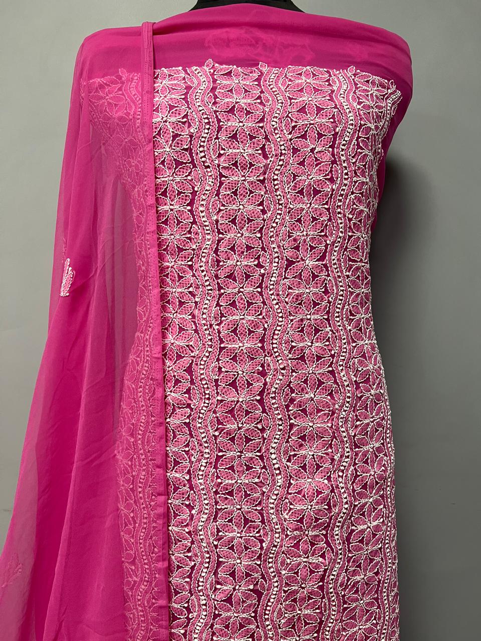 Pure Chiffon Georgette Chikankari Hand Embroidery Unstitched Suit.