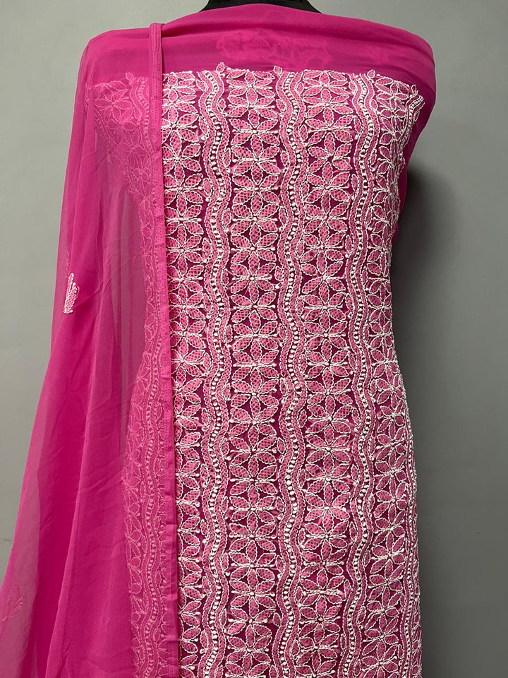 Pure Chiffon Georgette Chikankari Hand Embroidery Unstitched Suit.