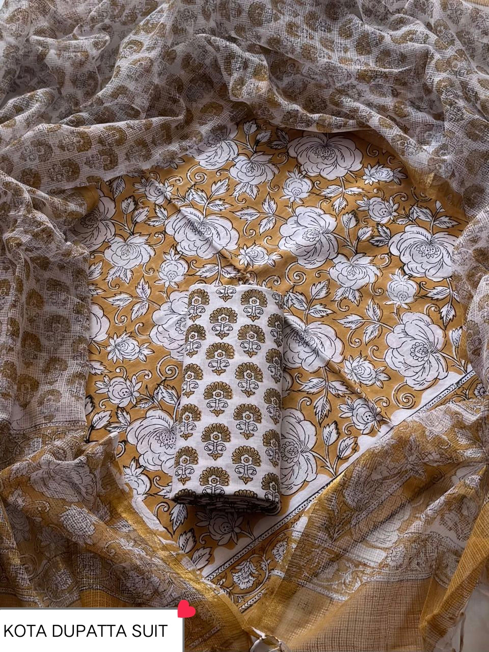 Pure Cotton Hand block print Unstitched Suit with Kota Dupatta