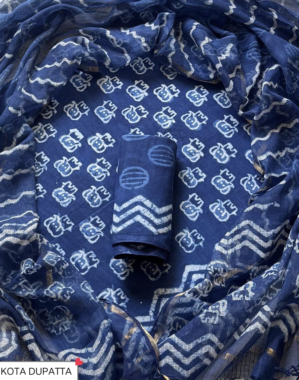 Pure Cotton Hand block print Unstitched Suit with Kota Dupatta