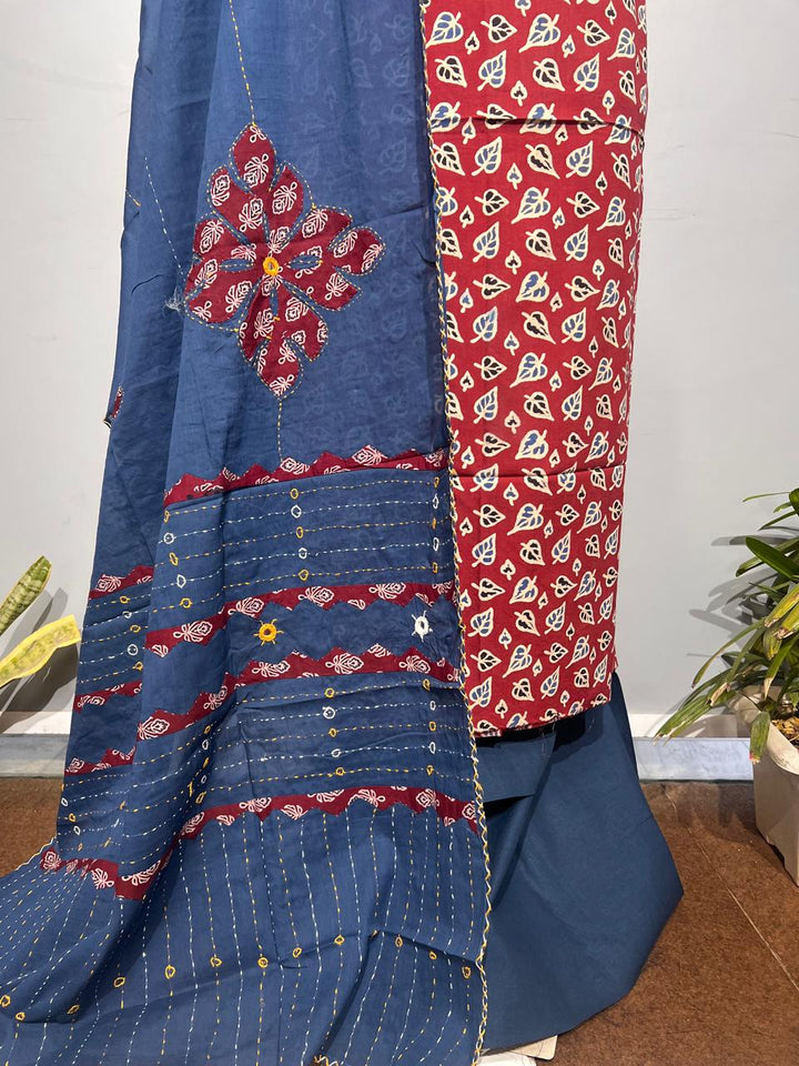 Pure Cotton Azrakh Print Unstitched suit With katha work Dupatta