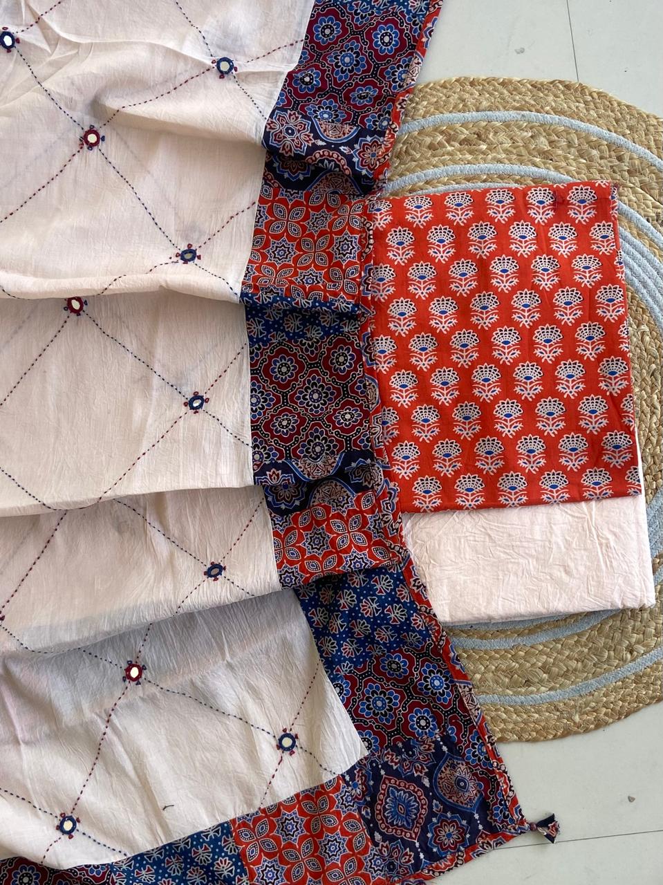 Pure Cotton Azrakh Print Unstitched Suit With Patch Work Dupatta