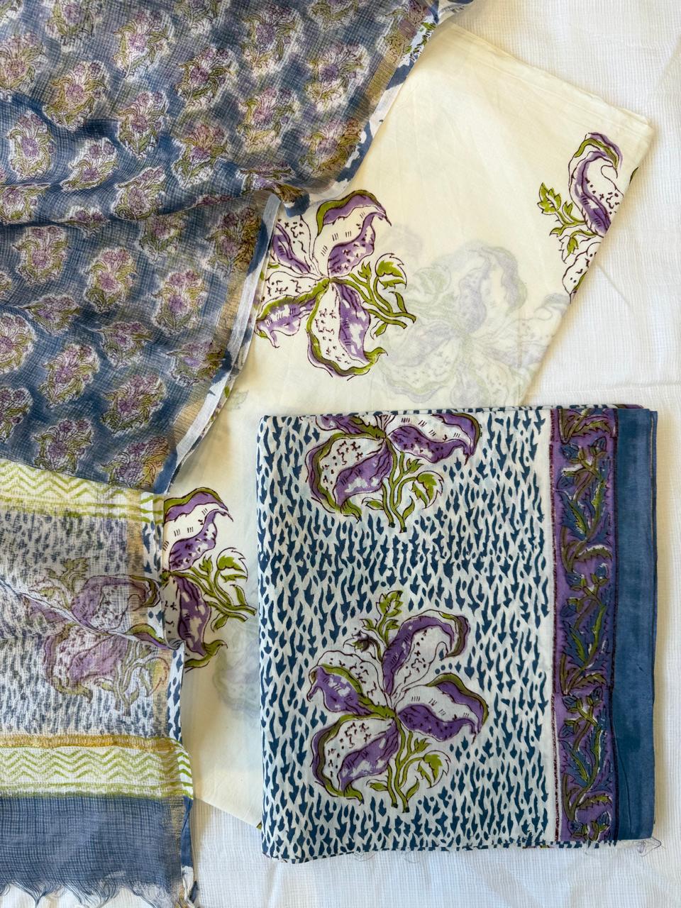 Pure Cotton Hand block print Unstitched Suit with Kota Dupatta