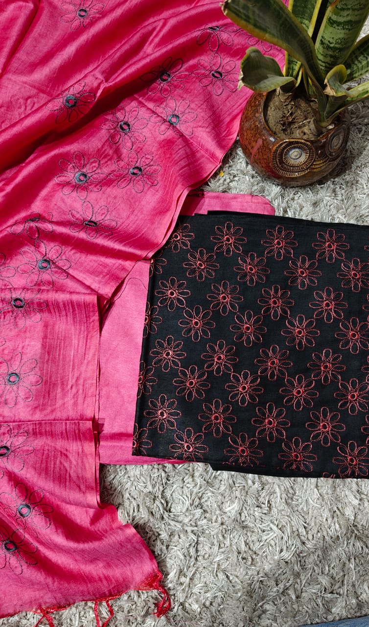 Pure Katan Giccha Silk Unstitched Suit With Dupatta