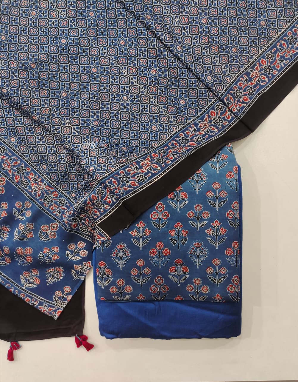 Pure Modal Silk Ajrakh Hand Block  3pc Unstitched Suit
