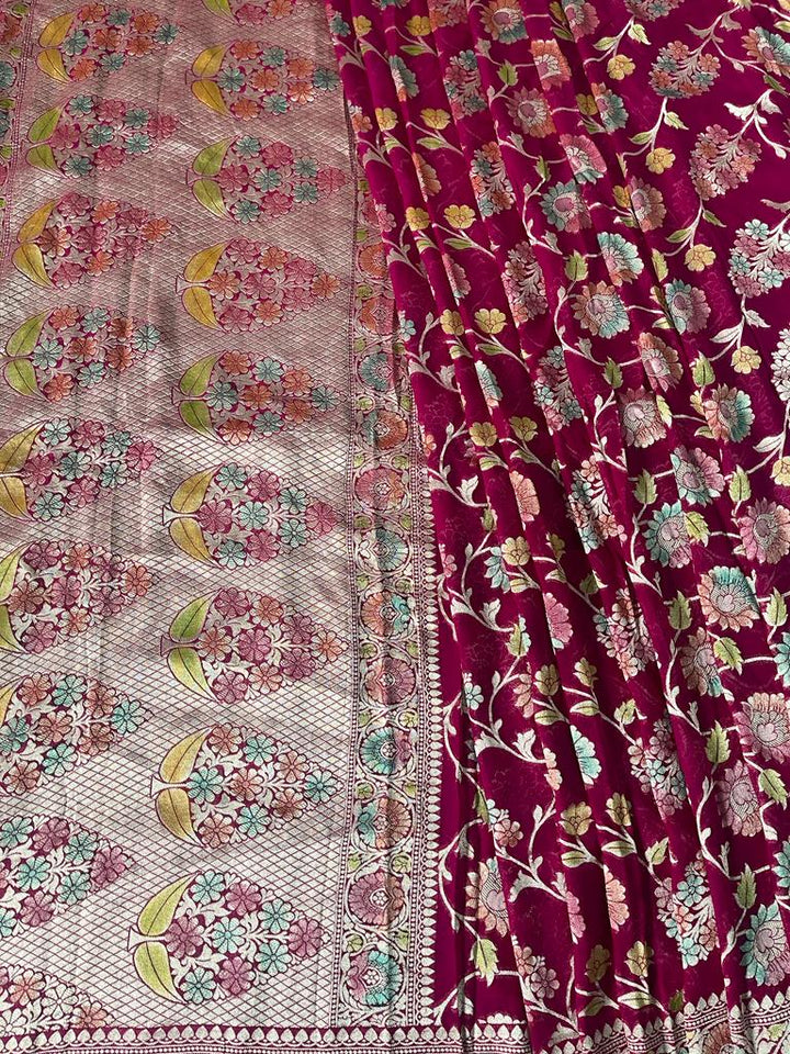 Pure Banaresi Khaddi Georgette Heavy Jaal Weaved Saree . ( Length- 6.3 Meter )