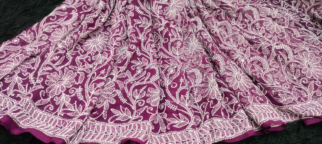 Pure Chiffon Georgette Chikankari Full Jaal Work Hand Embroidery Saree with Blouse