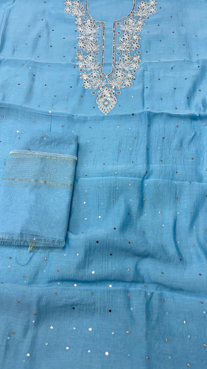 Pure Mul- Mul Chanderi Chakiankari Work Unstitched Suit with Cutdana work .