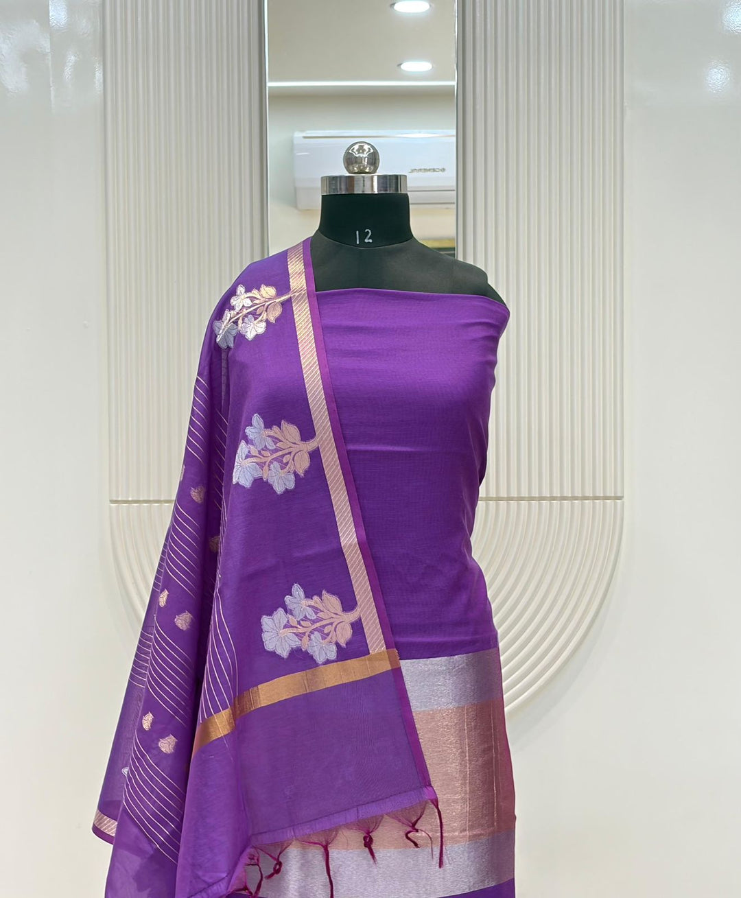 Pure Banarasi Mul Chanderi Silk Unstitched Suit With Zari weaved Palla