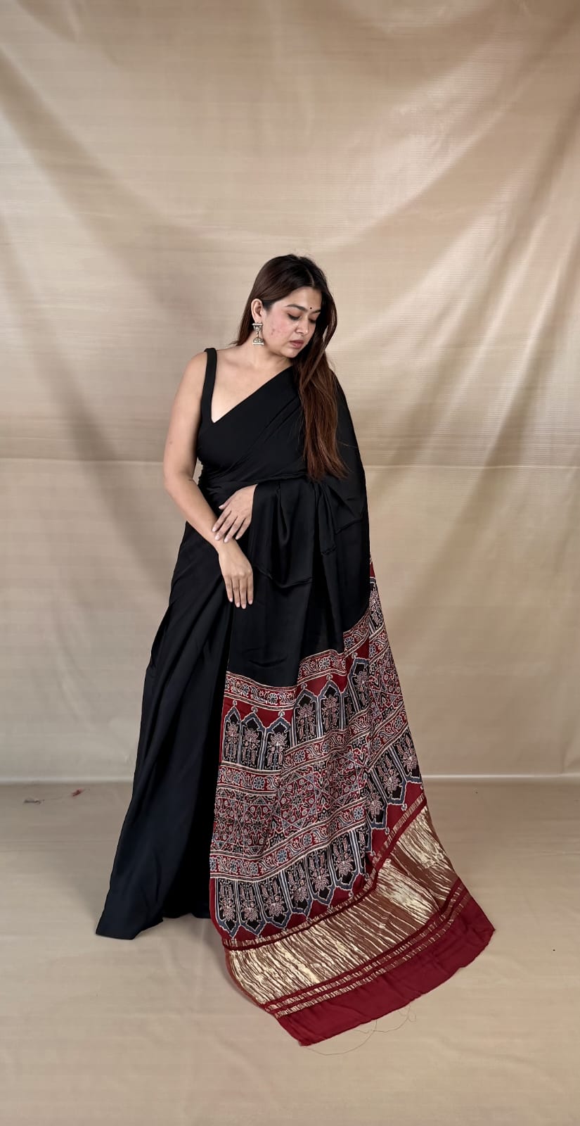 Pure Modal SilK Ajrakh HandBlock Print Natural Dye  Saree.