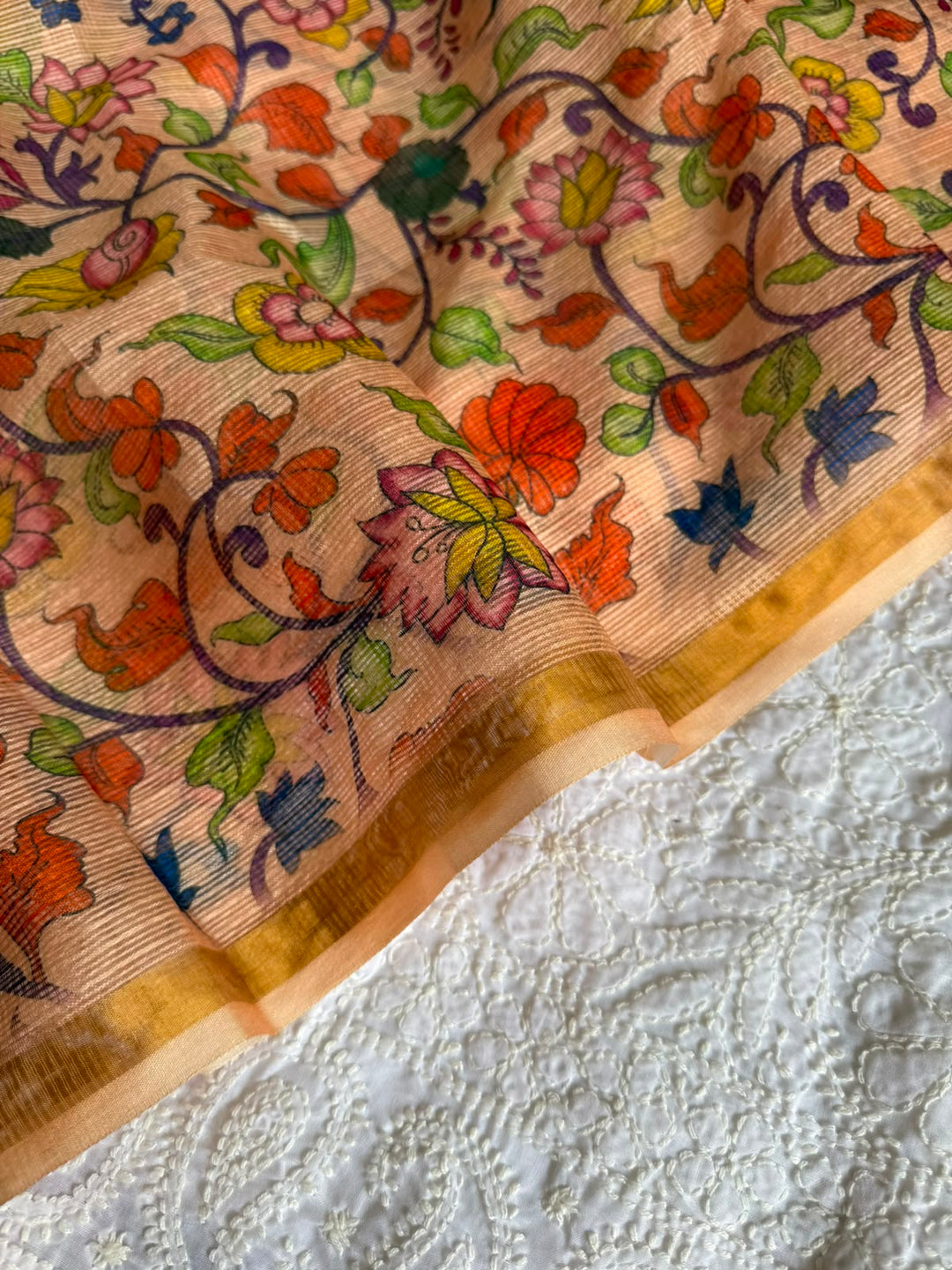 Pure Cotton Chikankari Hand Work Unstitched suit With Kalmkari Kota Doriya Dupatta.(without bottom)