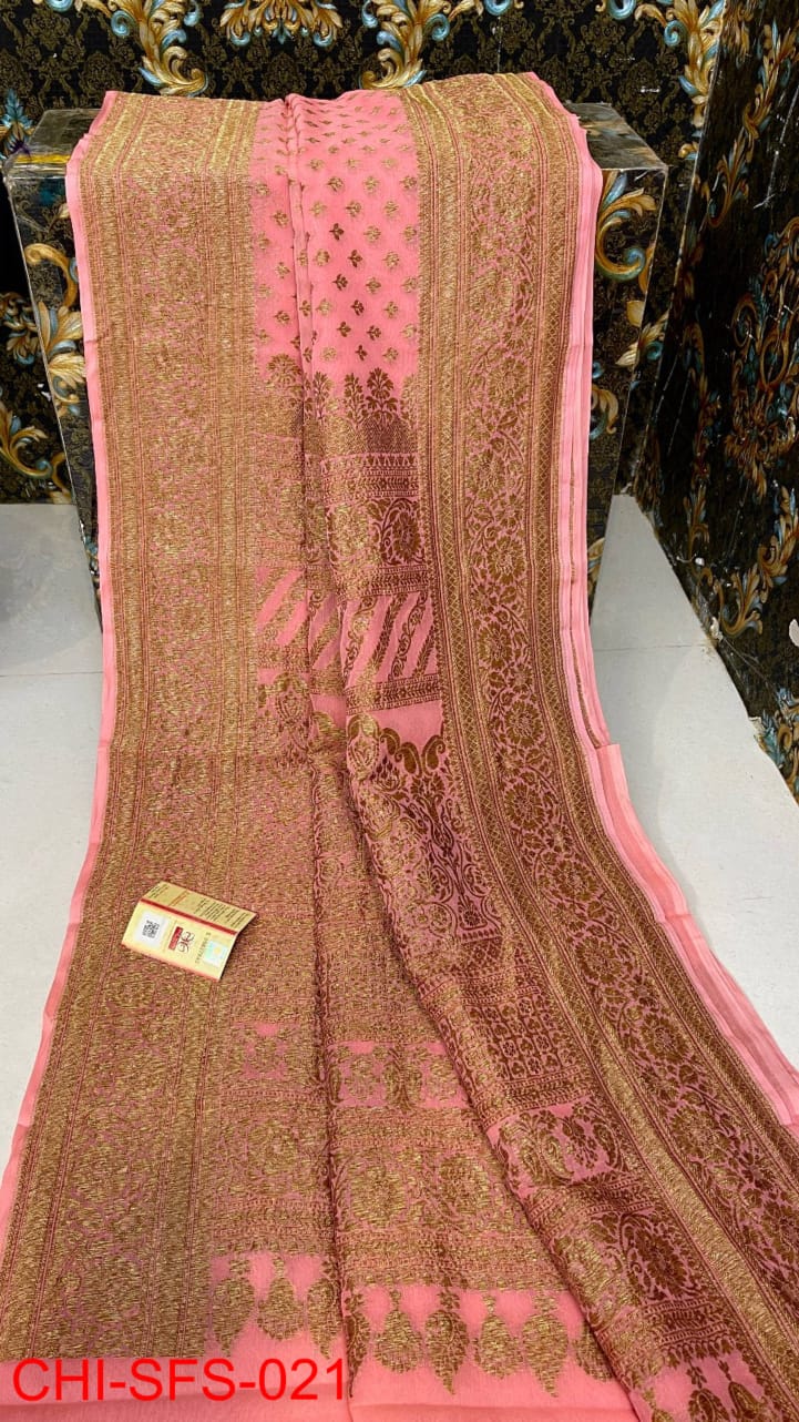 Pure Banarasi Handloom Khaddi Georgette Silk Saree With Beautiful Antique Zari Work