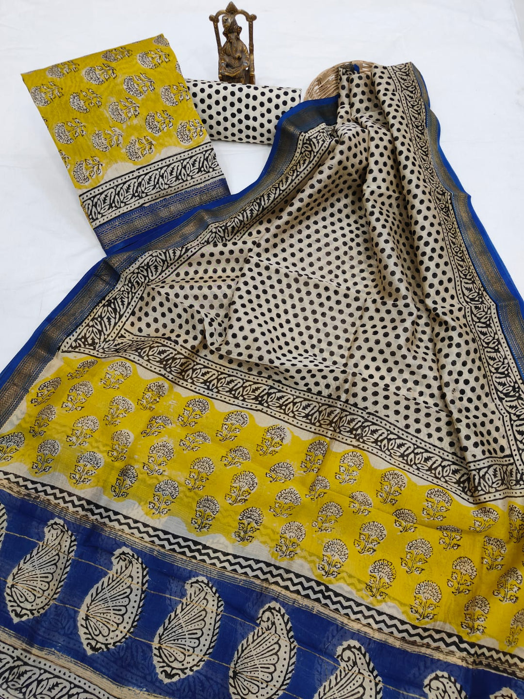 Pure Maheshwari Silk Hand block print Unstitched Suit.