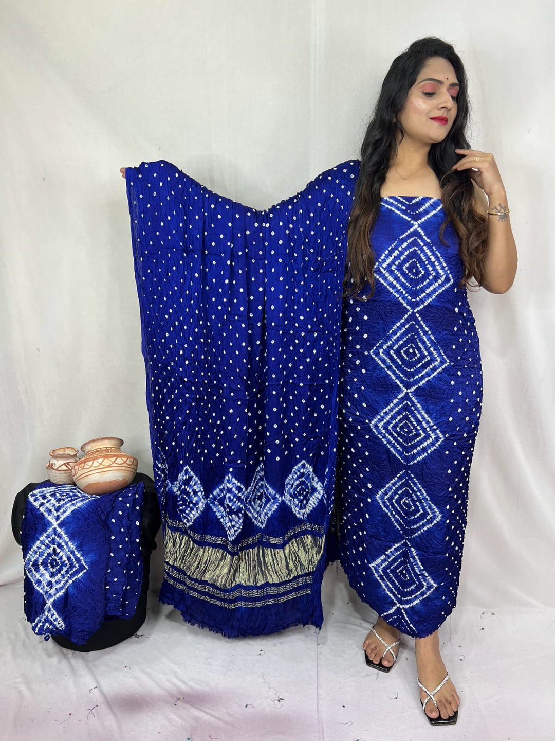 Pure Modal Silk Ajrakh Hend Block Zari Pallu Weaved 3pc Unstitched Suit .