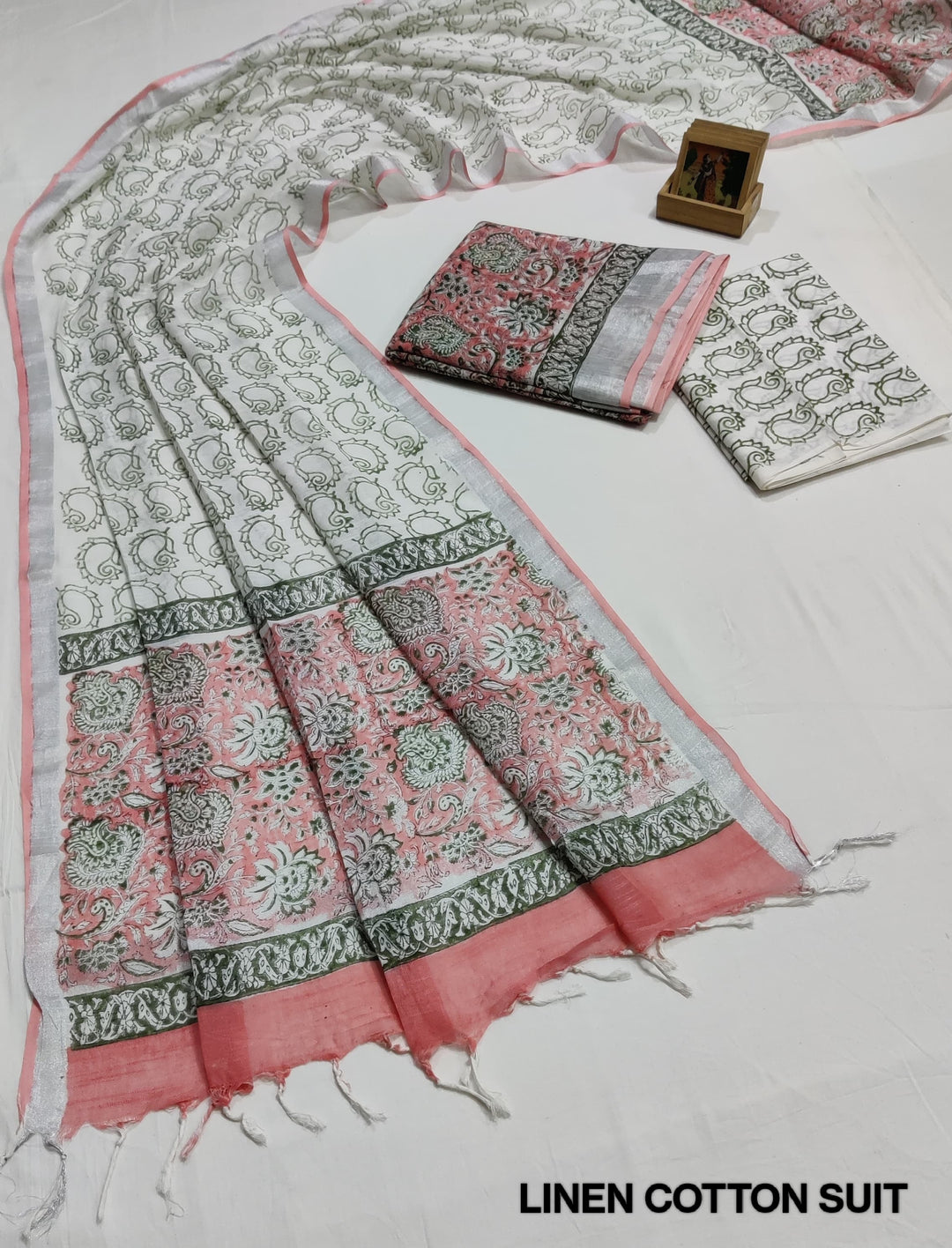 Hand Block Printed Linen Unstitched Suit .